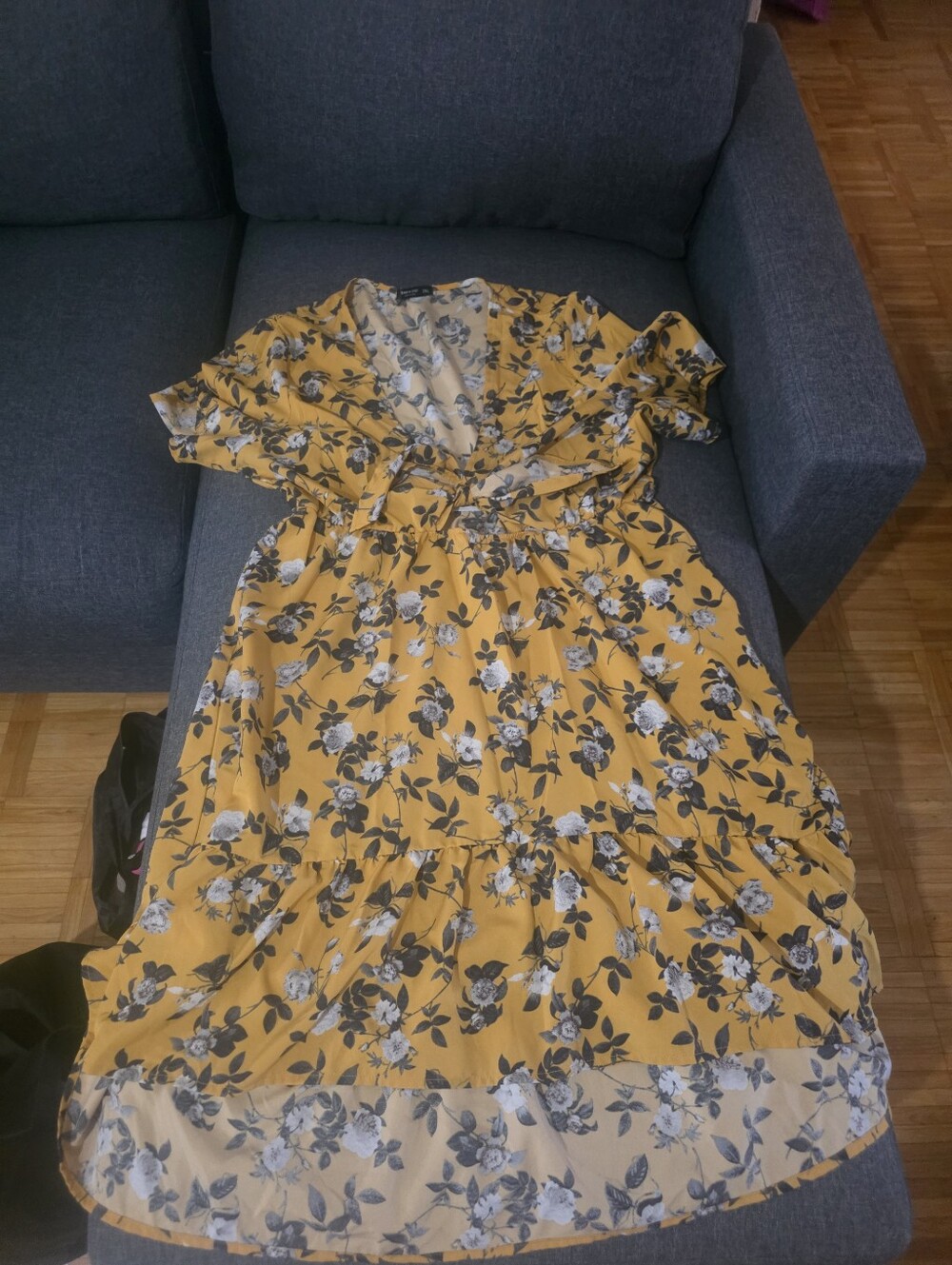 SHEIN Yellow Floral Wrap-Style Midi Dress